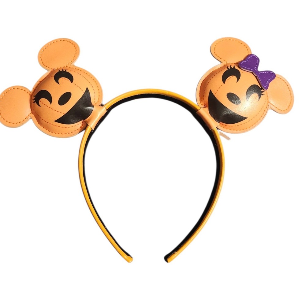 Disney Halloween Mickey Minnie Pumpkin Jack O Lantern Faux Leather Ear Headband